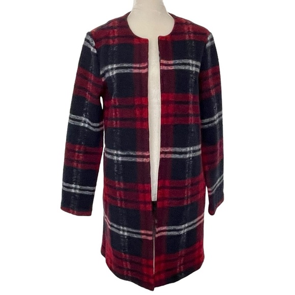 Max Studio Wool Blend Plaid Open Front Coat Women’s Size S Red Navy Pockets - Picture 2 of 7